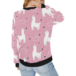 Llama Alpaca pink background Women's Crew Neck Sweatshirt