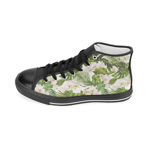 White orchid flower tropical leaves pattern Women's High Top Canvas Shoes Black