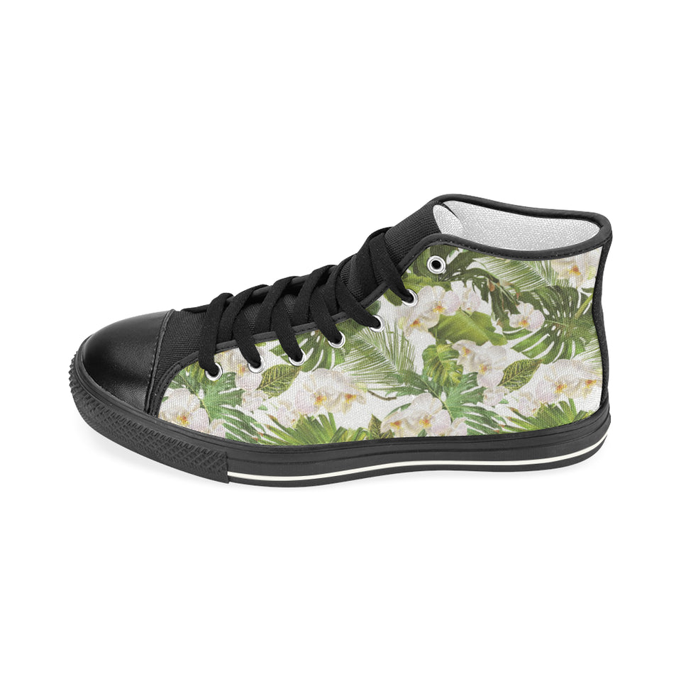 White orchid flower tropical leaves pattern Women's High Top Canvas Shoes Black
