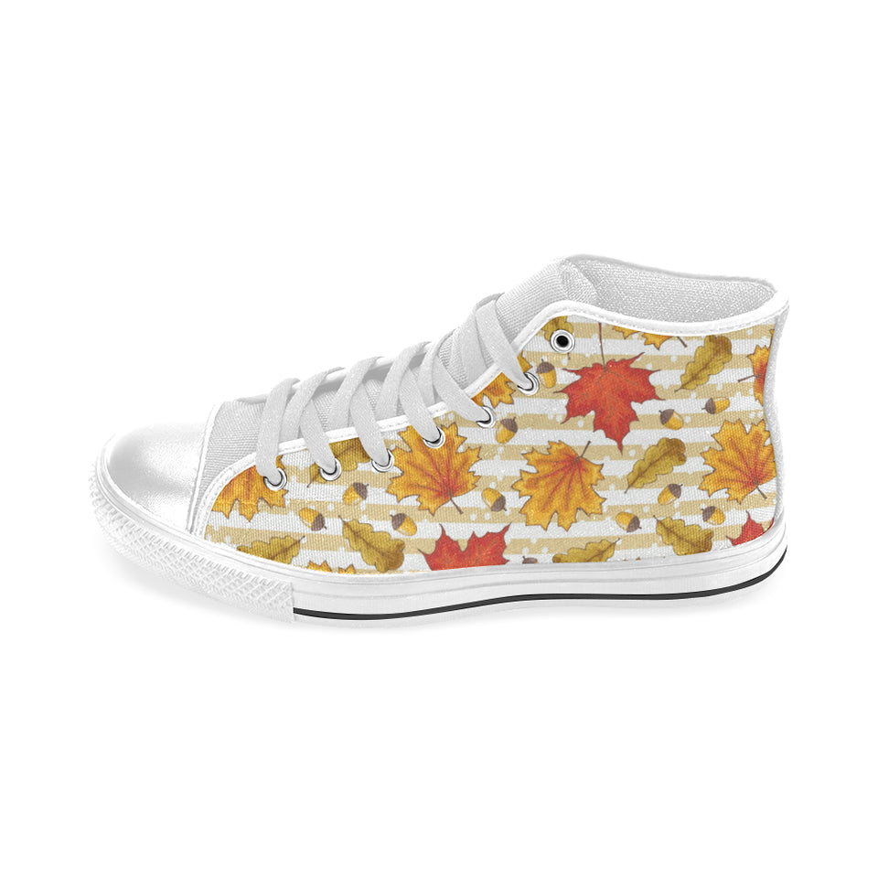 Maple leaf oak leaf acorns beige striped backgroun Men's High Top Canvas Shoes White