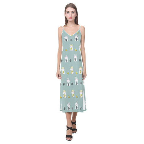 Cute hamster cheese pattern V-Neck Open Fork Long Dress