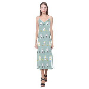 Cute hamster cheese pattern V-Neck Open Fork Long Dress