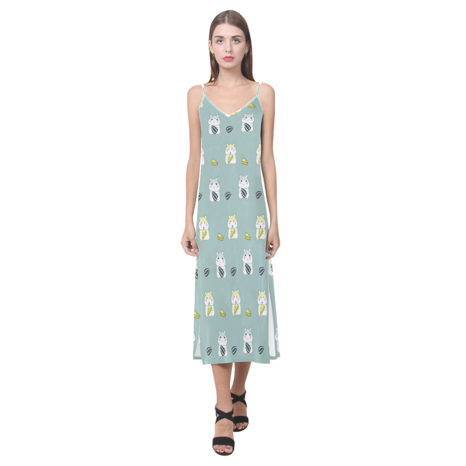 Cute hamster cheese pattern V-Neck Open Fork Long Dress