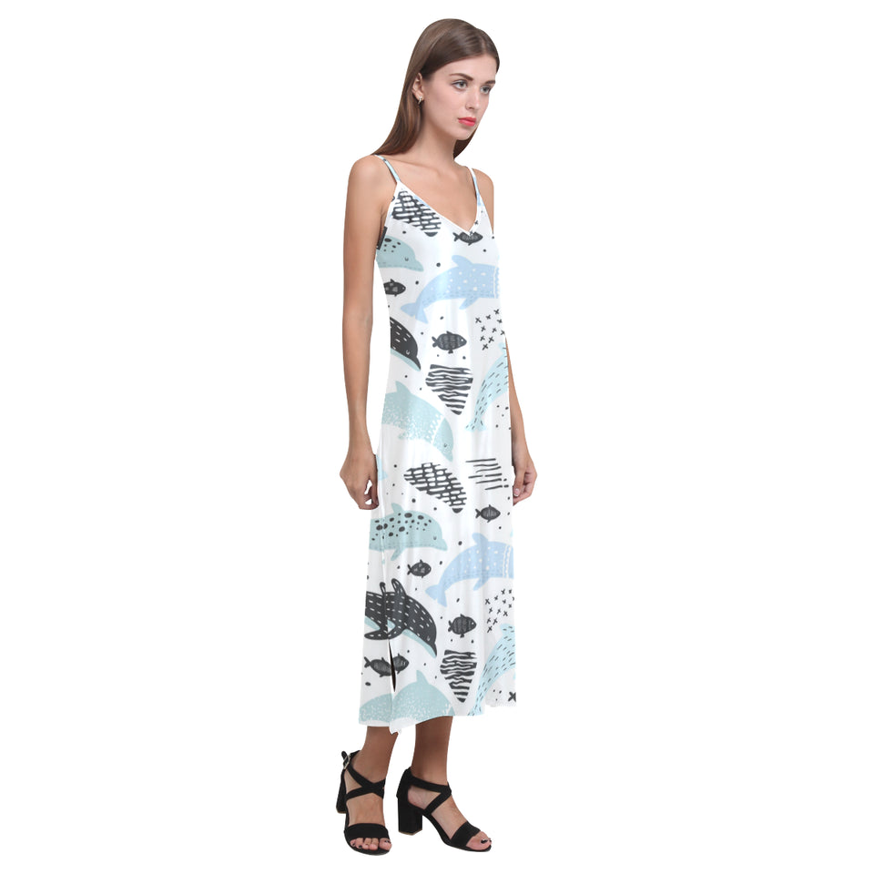 Cute dolphins Childish Style pattern V-Neck Open Fork Long Dress