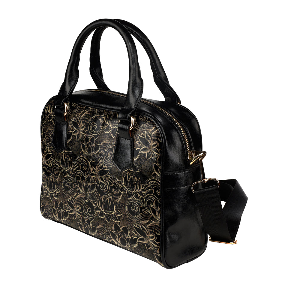 luxurious gold lotus waterlily black background Shoulder Handbag