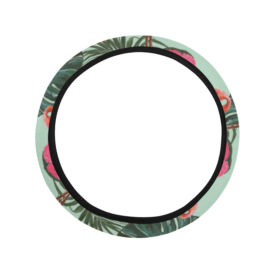 Beautiful flamingo tropical palm leaves hibiscus p Car Steering Wheel Cover