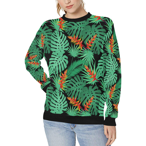 heliconia flower palm monstera leaves black backgr Women's Crew Neck Sweatshirt