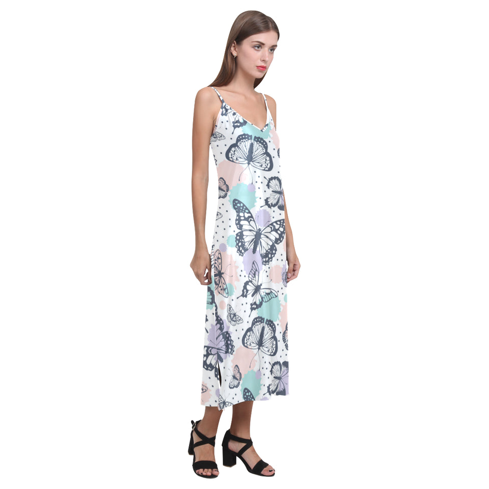 Butterfly pattern V-Neck Open Fork Long Dress