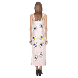 Cute bee flower pattern pink background V-Neck Open Fork Long Dress