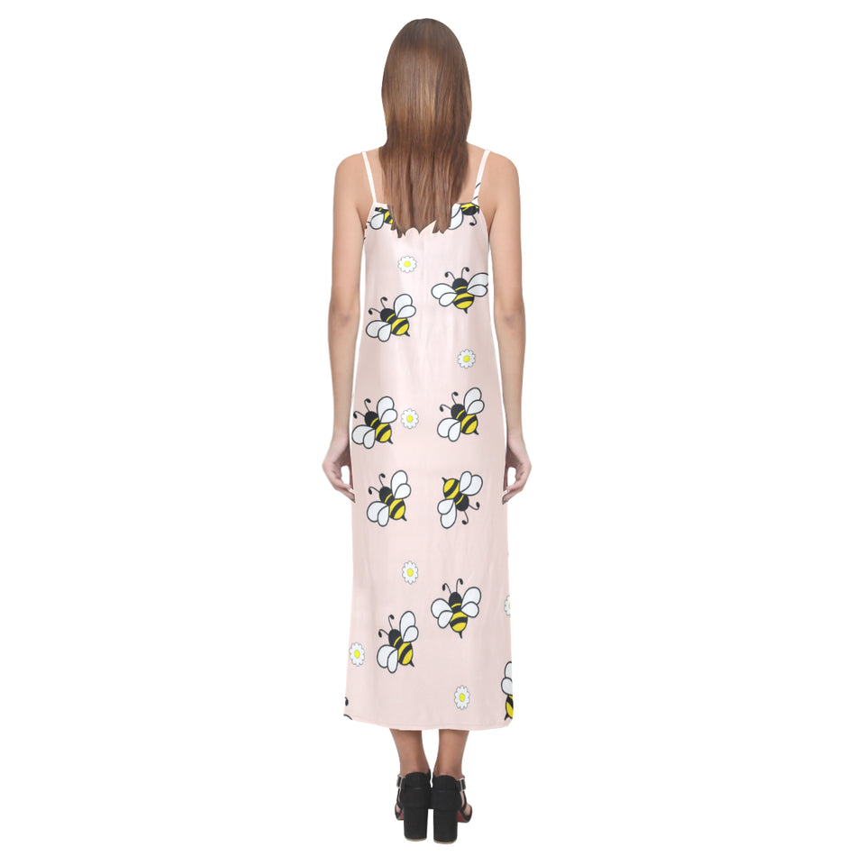 Cute bee flower pattern pink background V-Neck Open Fork Long Dress