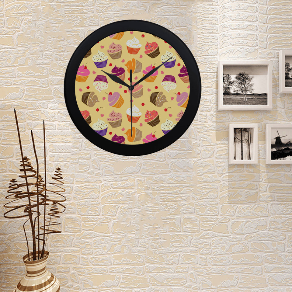 cake cupcake heart cherry pattern Elegant Black Wall Clock