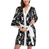 Saxophone music notes treble clef black white them Women's Short Kimono Robe
