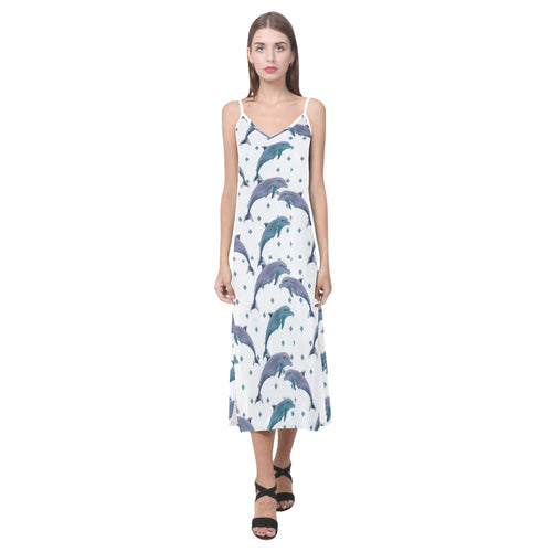 Dolphins pattern dotted background V-Neck Open Fork Long Dress