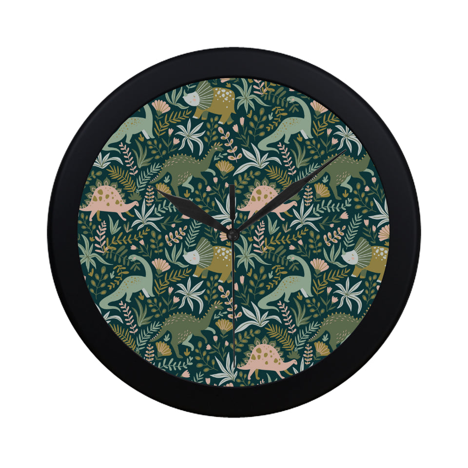 dinosaurs tropical leaves flower pattern Elegant Black Wall Clock