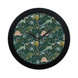 dinosaurs tropical leaves flower pattern Elegant Black Wall Clock