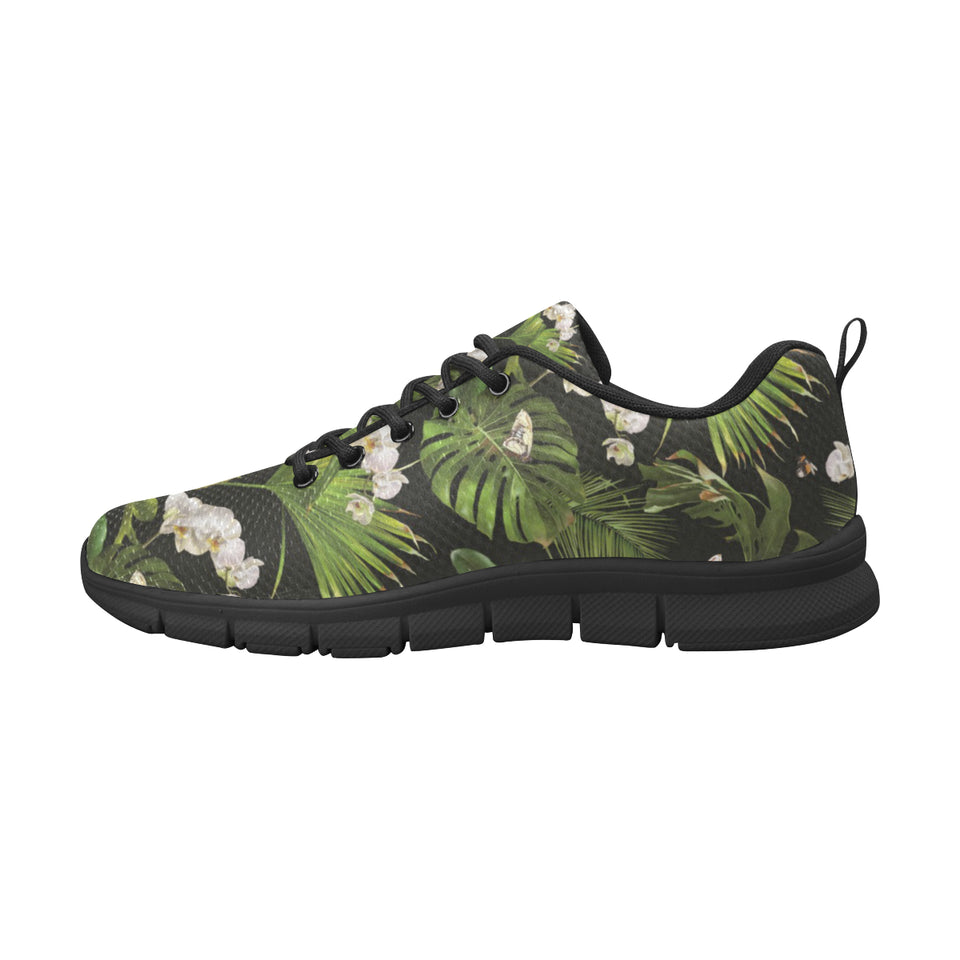 White orchid flower tropical leaves pattern blackg Women's Sneaker Shoes