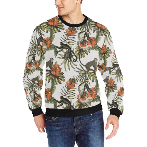 Monkey red hibiscus flower palm leaves floral patt Men's Crew Neck Sweatshirt