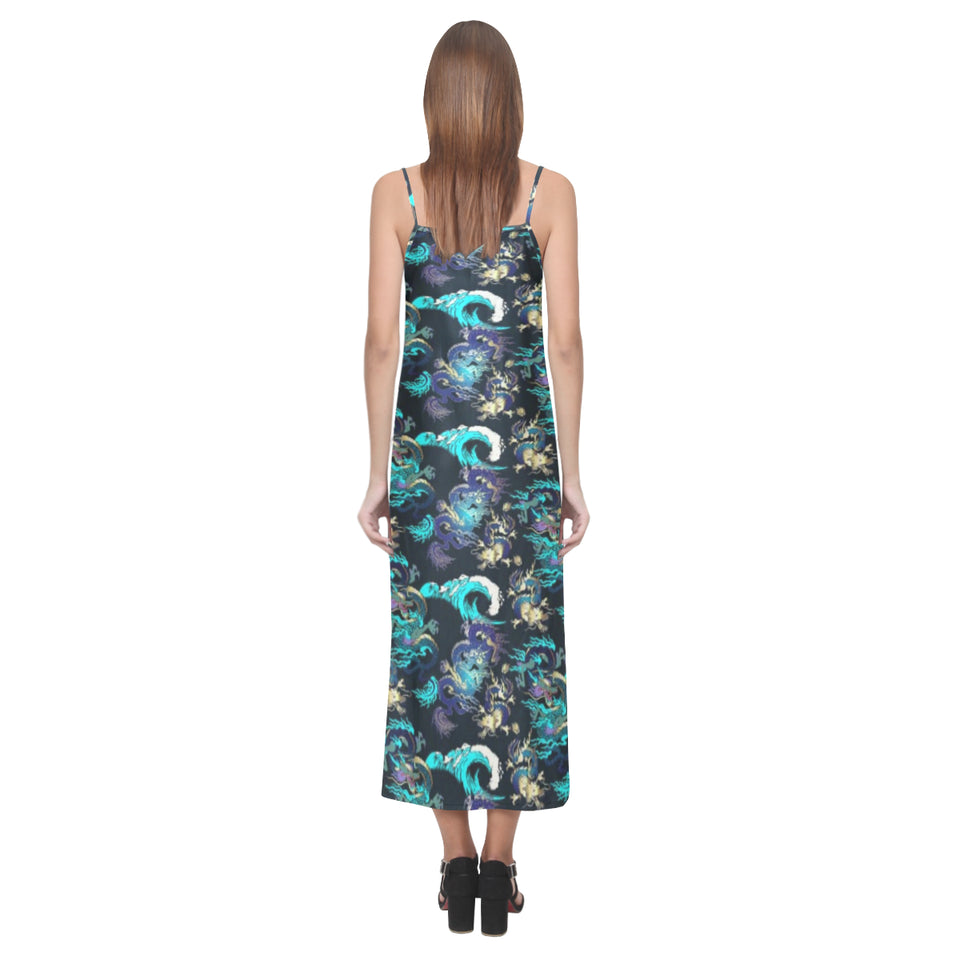 Dragon sea wave pattern V-Neck Open Fork Long Dress