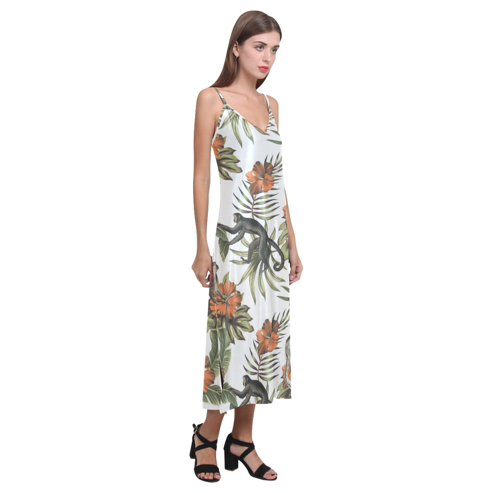 Monkey red hibiscus flower palm leaves floral patt V-Neck Open Fork Long Dress