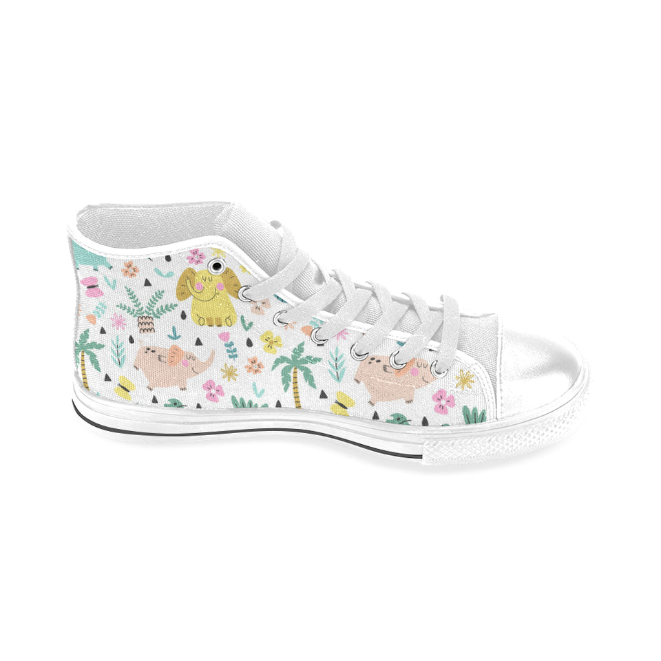 Cute elephants palm tree flower butterfly pattern Men's High Top Canvas Shoes White