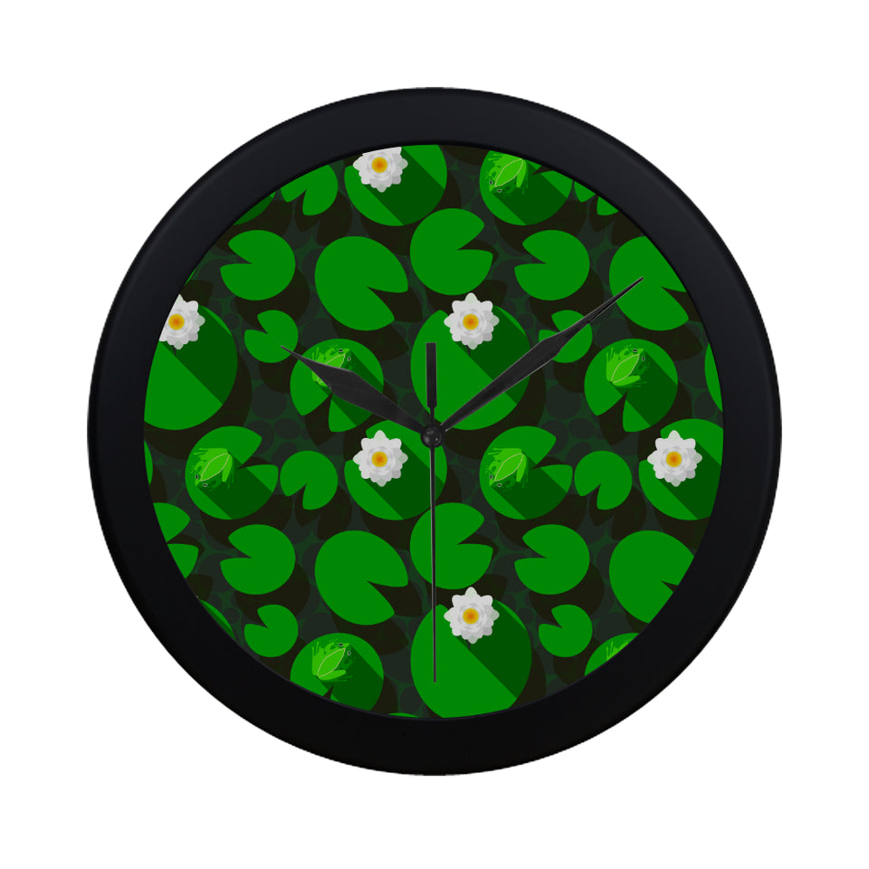 Frog waterlily pattern Elegant Black Wall Clock