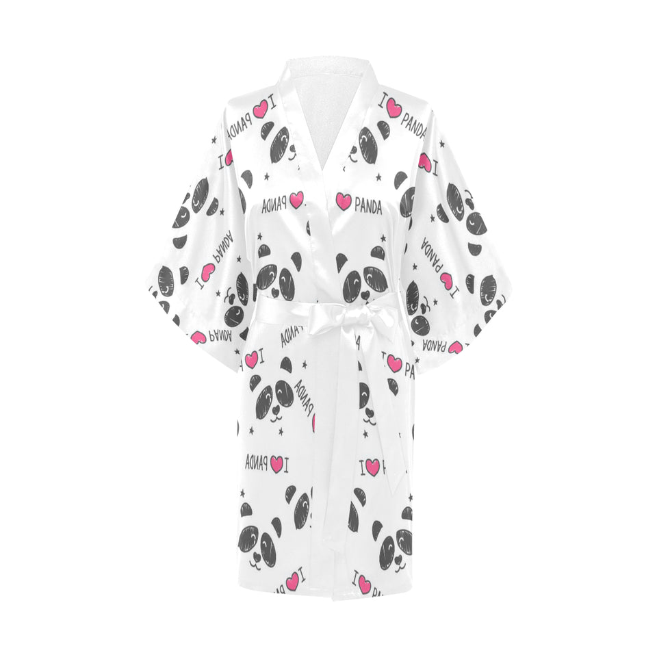 Hand Drawn faces of pandas pattern Women's Short Kimono Robe