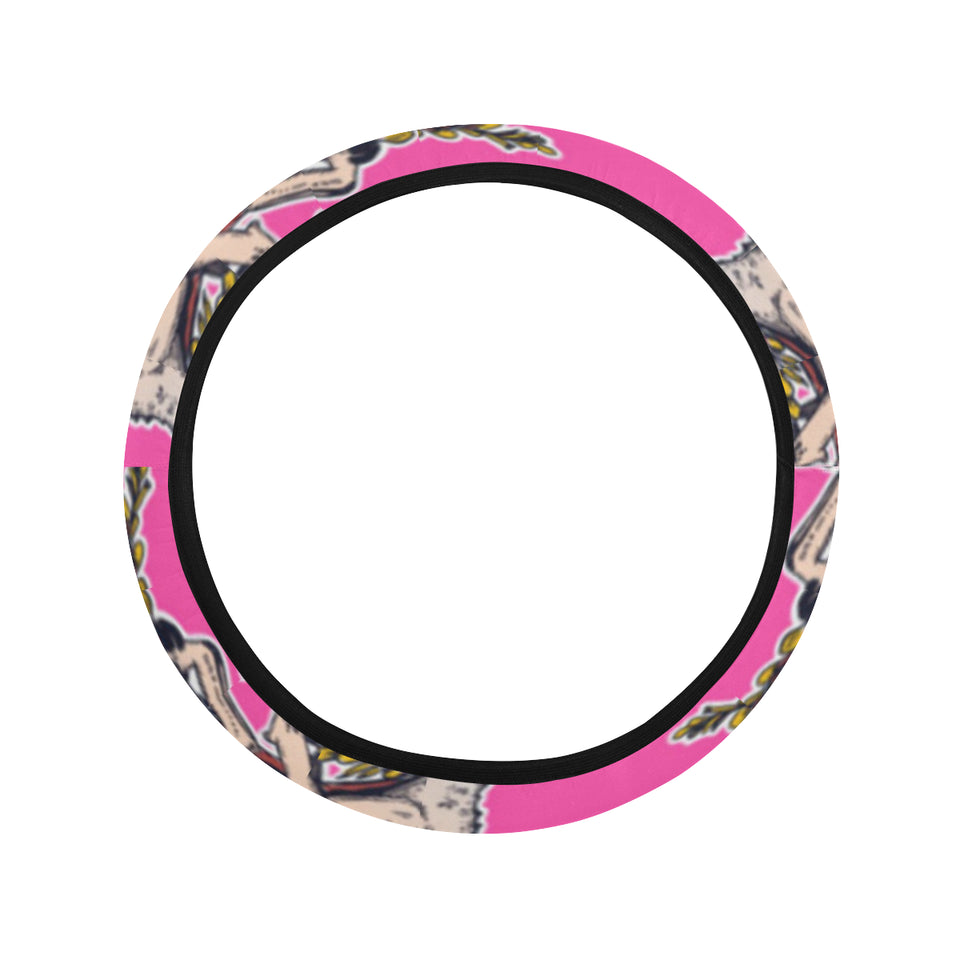Chameleon lizard pattern pink background Car Steering Wheel Cover
