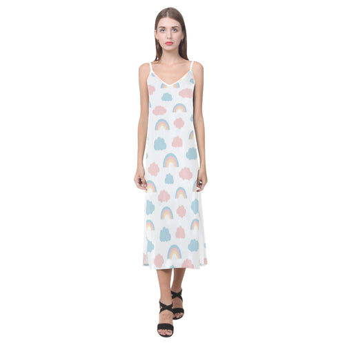Cute rainbow clound pattern V-Neck Open Fork Long Dress
