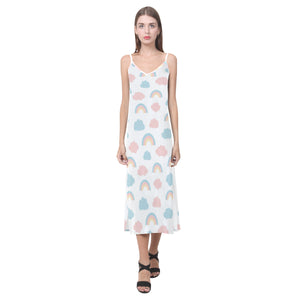 Cute rainbow clound pattern V-Neck Open Fork Long Dress
