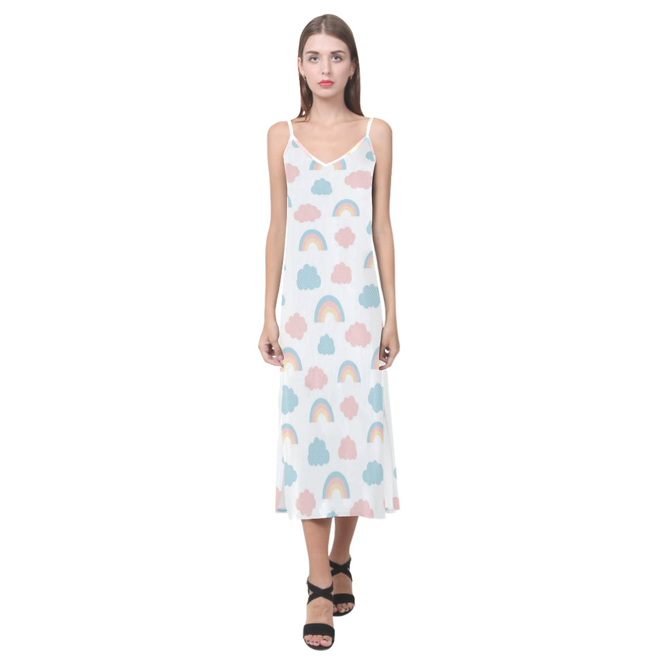 Cute rainbow clound pattern V-Neck Open Fork Long Dress