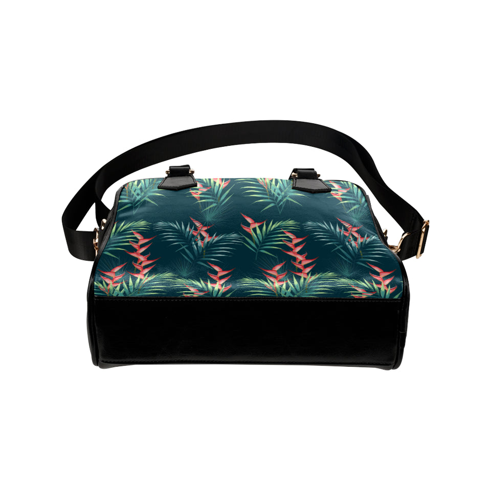 heliconia flowers, palm and monstera leaves on bla Shoulder Handbag