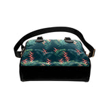 heliconia flowers, palm and monstera leaves on bla Shoulder Handbag
