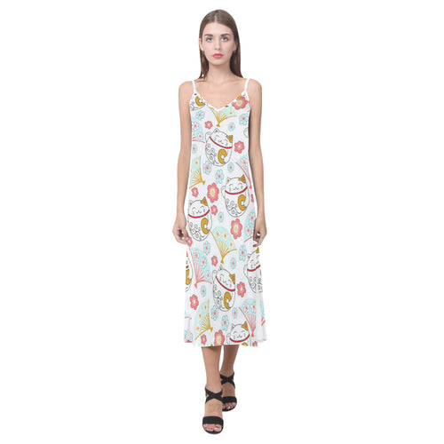 Maneki neko cat fan sakura V-Neck Open Fork Long Dress