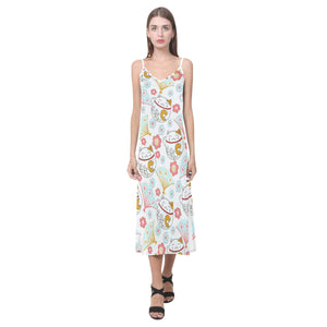 Maneki neko cat fan sakura V-Neck Open Fork Long Dress