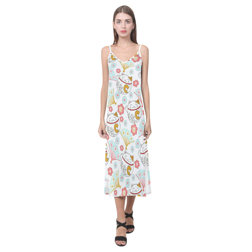 Maneki neko cat fan sakura V-Neck Open Fork Long Dress