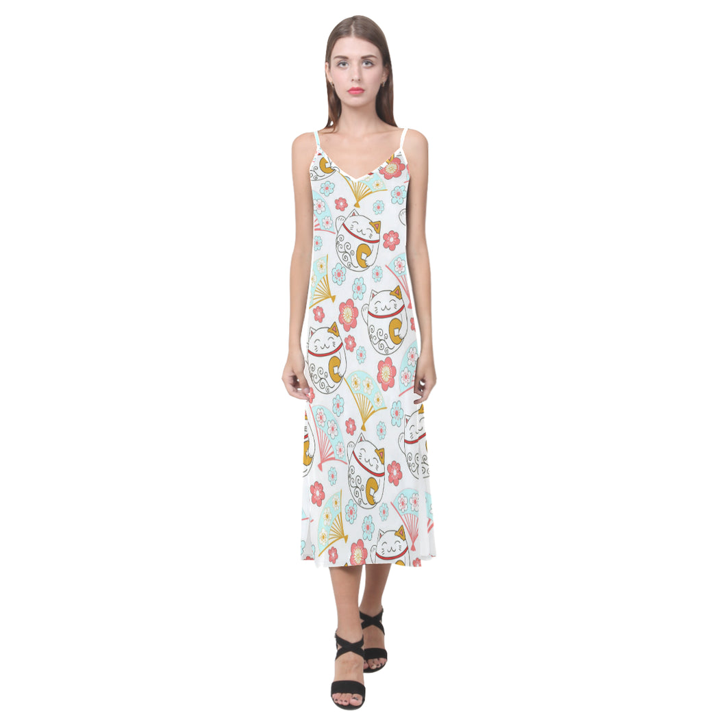 Maneki neko cat fan sakura V-Neck Open Fork Long Dress