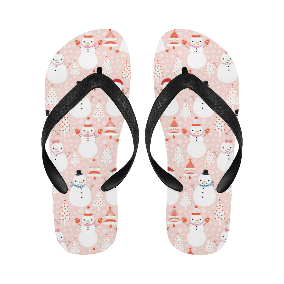Cute snowman christmas tree snowpink background Unisex Flip Flops