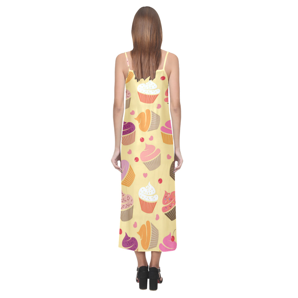 cake cupcake heart cherry pattern V-Neck Open Fork Long Dress