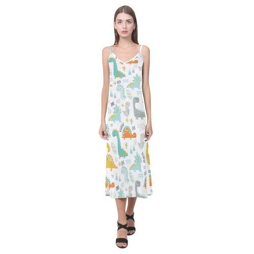 Cute funny kids dinosaurs pattern V-Neck Open Fork Long Dress