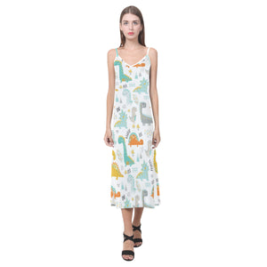 Cute funny kids dinosaurs pattern V-Neck Open Fork Long Dress