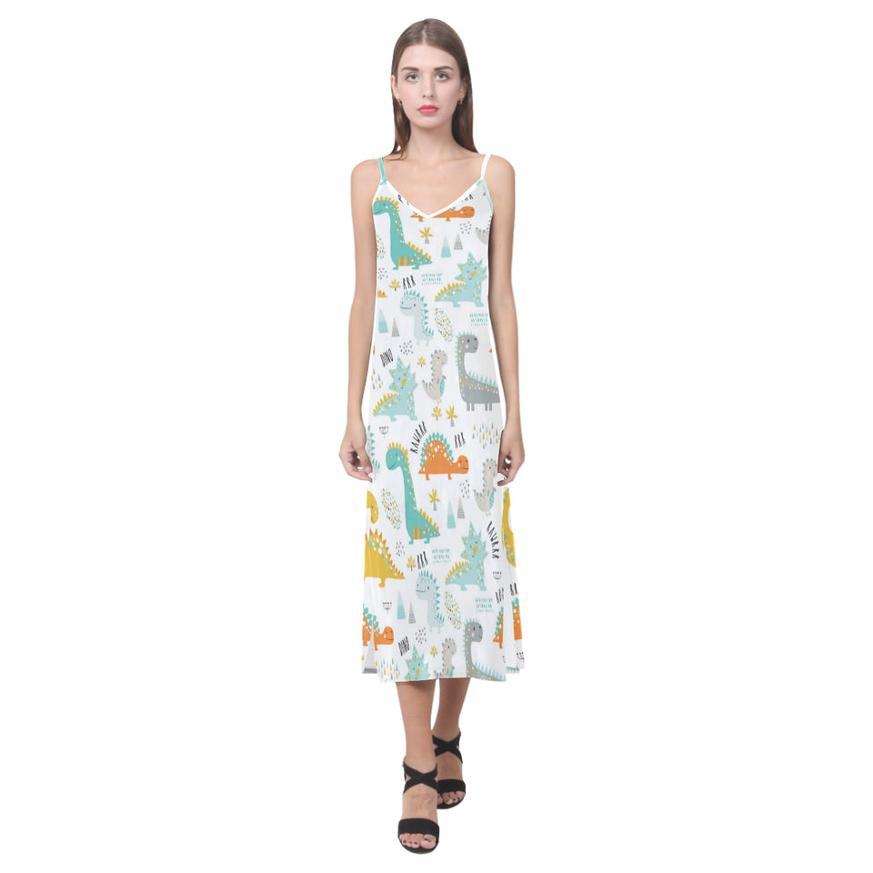 Cute funny kids dinosaurs pattern V-Neck Open Fork Long Dress