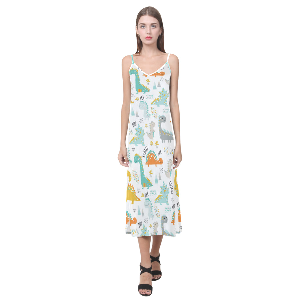 Cute funny kids dinosaurs pattern V-Neck Open Fork Long Dress