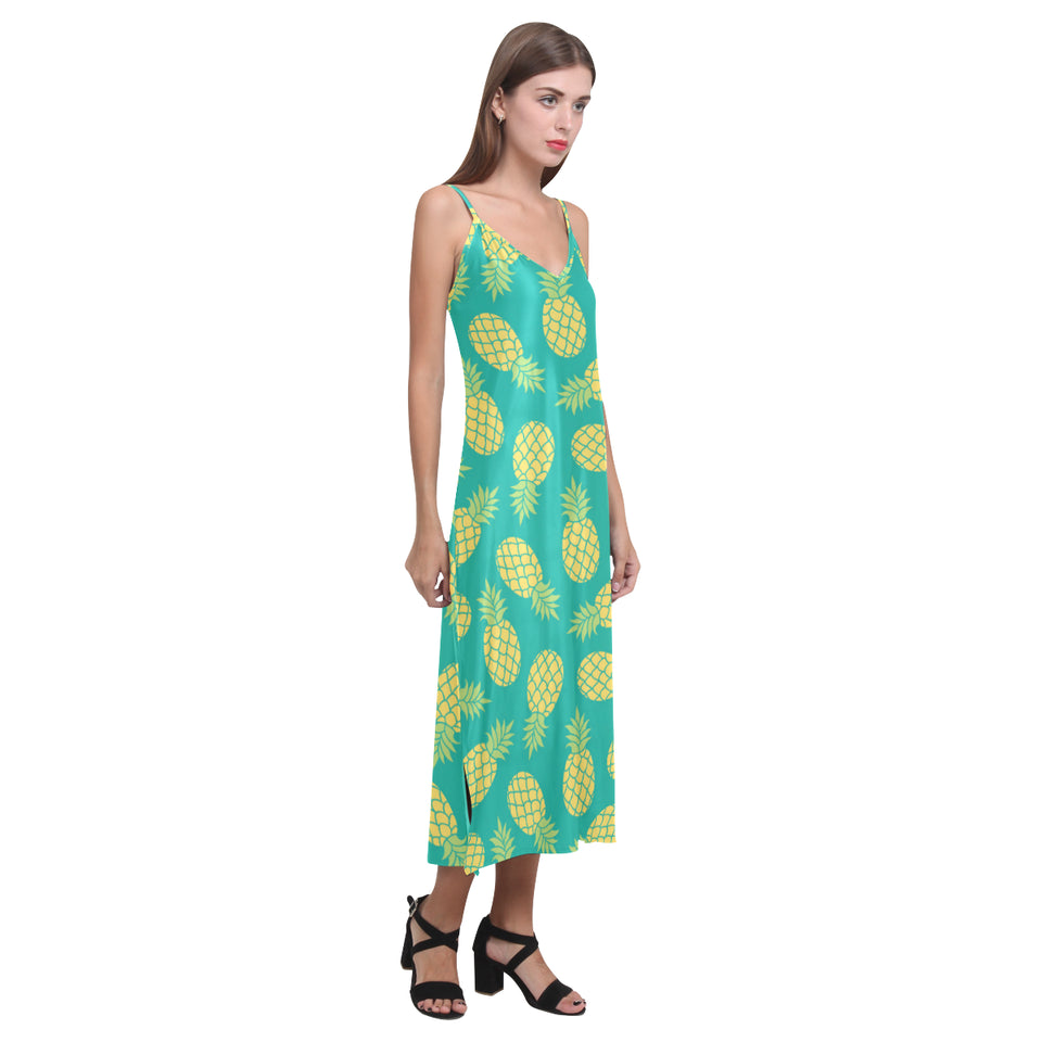 Pineapples pattern green background V-Neck Open Fork Long Dress