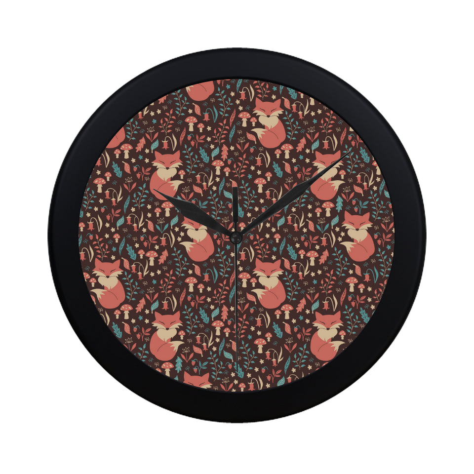 fox leaves mushroom pattern Elegant Black Wall Clock