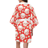 Cute Maneki neko cat red background Women's Short Kimono Robe