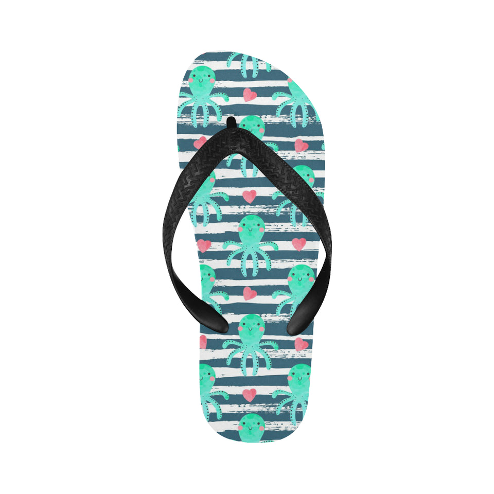 Cute octopuses heart striped background Unisex Flip Flops