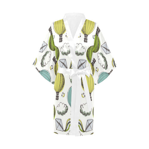 Hot Air Balloon Bird Cloud Pattern Women's Short Kimono Robe