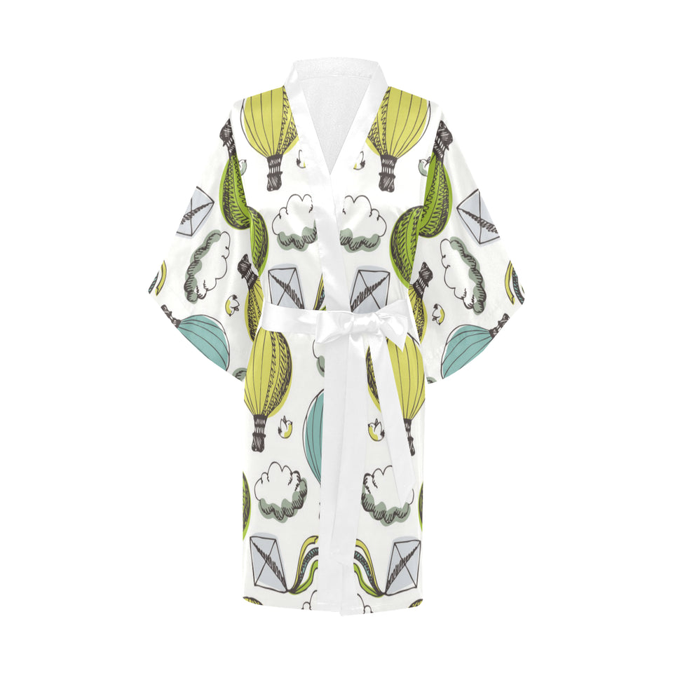 Hot Air Balloon Bird Cloud Pattern Women's Short Kimono Robe