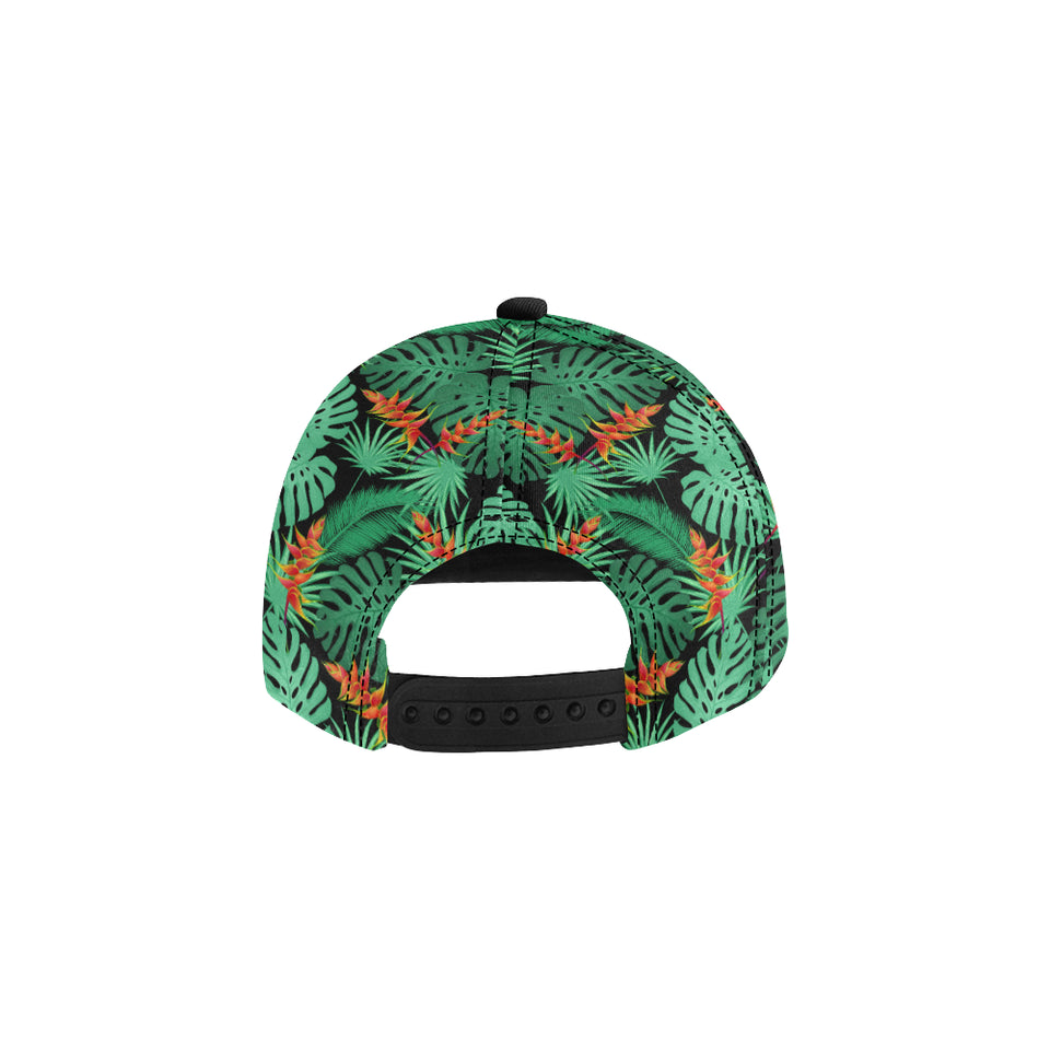 heliconia flower palm monstera leaves black backgr All Over Print Snapback Cap