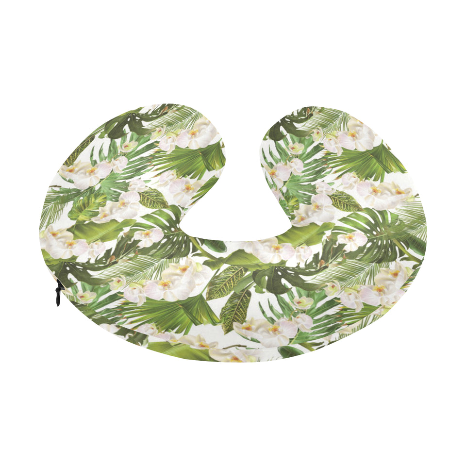 White orchid flower tropical leaves pattern U-Shaped Travel Neck Pillow